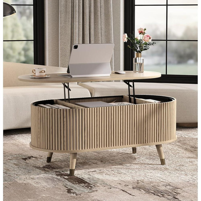 JOINICE 42.5" Oval Lift Top Coffee Table with Storage, Mid Century Modern Oak Center Table with Fluted Panel, Solid Wood Legs & Hidden Compartment for Living Room