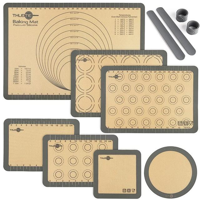 THLEITE Non Stick Silicone Baking Mat Set of 7 - Macaron Silicone Baking Mat & Pastry Mat with Measurement, BPA-Free Grade Food Baking Mat for Macaroon/Pastry/Pizza/Cookie Making