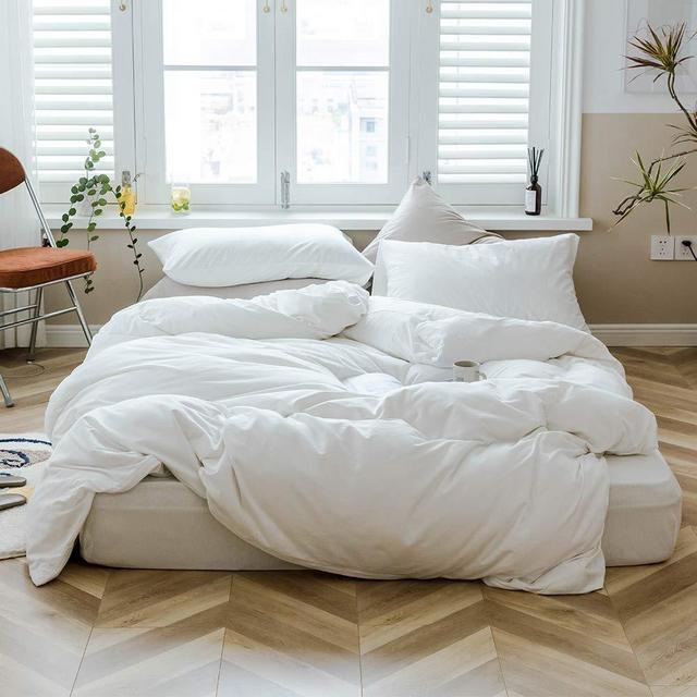 AMWAN Jersey Knit Cotton Duvet Cover Queen Solid Color White Duvet Cover 3 Piece Cotton Comforter Cover 1 Duvet Cover with 2 Pillowcases Modern Solid White Bedding Collection Full Queen