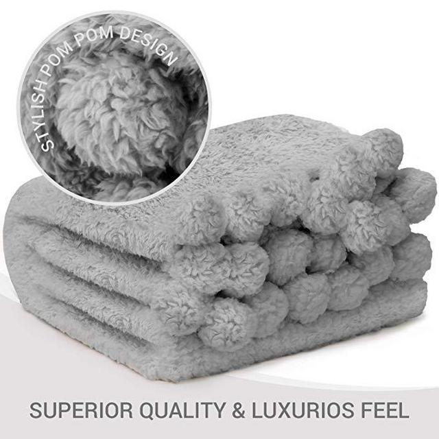 Fleece Blanket Fuzzy Throw for Couch – 50x60, Grey – Soft, Plush, Fluffy, Sherpa, Cozy - Perfect for Bed, Sofa – Pom Poms