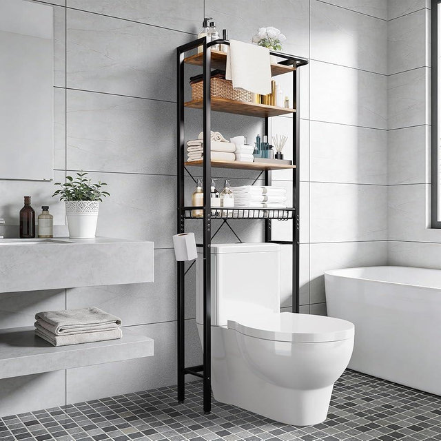 GRUSIGN Over-The-Toilet Storage Shelf, 4-Tier Bathroom Organizer Shelf, Freestanding Space Saver Shelves Over Toilet with Adjustable Shelf for Bathroom, Brown