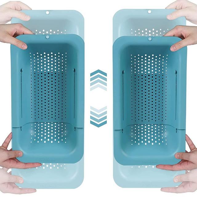 BLUE GINKGO Sink Colander Baskets - (Pack of 2) Wash Vegetables and Fruits, Drain Cooked Pasta and Dry Dishes - Extendable - New Home Kitchen Essentials (2 Teal)