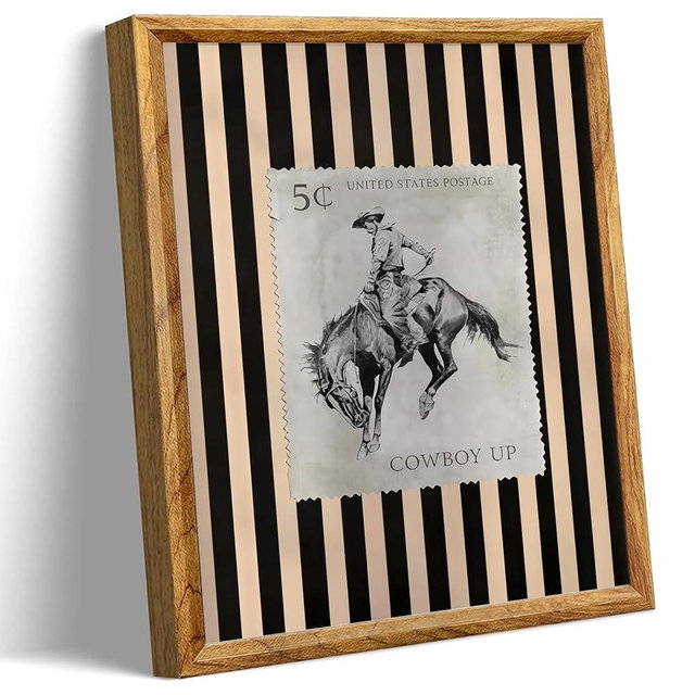 Western Wall Decor Living Room Vintage Southwestern Wall Art,Rodeo Cowboy Postage Print with Striples,Mid Century Rustic Ranch Picture Western Framed Artwork,Vintage Southwest Pictures for Bedroom Bathroom Decor,Framed,8x10in
