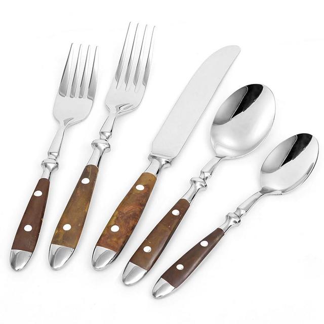 Rural Vintage 20 Piece Forged Silverware Set Rustic Stainless Steel Flatware Bakelite Handle Tableware Set Cutlery Set with Natural Color Handles Dishwasher Safe (20Pcs Service for 4)