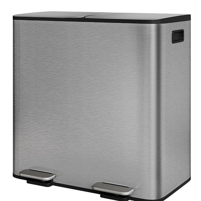 GarveeHome 2 x 10.6 Gallon Stainless Steel Double Trash Can with Lid for Kitchen, Large Dual Trash and Recycle Bin Combo, Step-on Kitchen Metal Garbage Cans, PP Inner Buckets, Liner Rim, Matte Grey