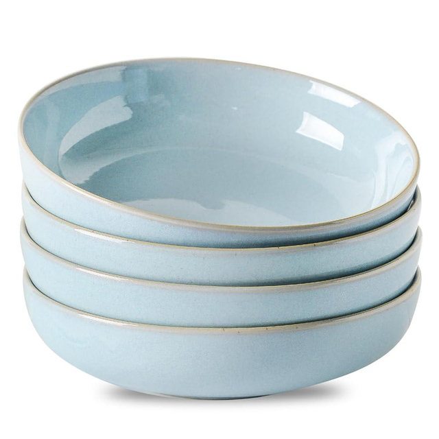 Tikooere Ceramic Patsa Bowls, 34 oz Salad bowl Set of 4, Stoneware Serving Bowl for Eating, Salad, Rice, Cereal, Kitchen, Serving, Plate Bowls Set, Microwave & Dishwasher Safe, Skyblue