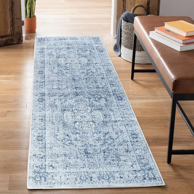 Bloom Rugs Washable Non-Slip 12 ft Runner - Ivory/Denim Blue Traditional Medallion Runner for Entryway, Hallway, Bathroom, and Kitchen - Exact Size: 2.5' x 12'