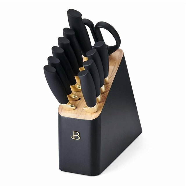 12 Piece Knife Block Set, Stainless Steel Blades with Soft Grip Ergonomic Handles, Stick Resistant Coating, Razor Sharp Kitchen Knife Set with Block and Scissors (Black Sesame)