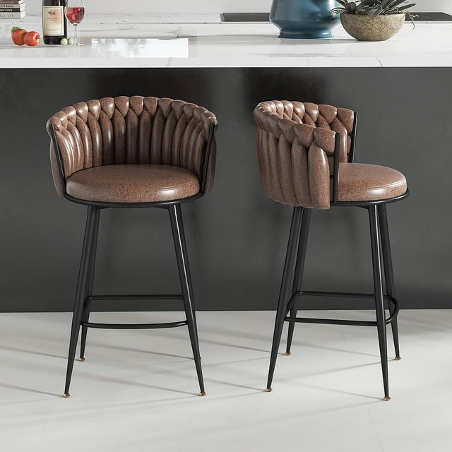 ABET Counter Stools Set of 2, Leathaire Hand-Woven Barstools, Seat Height 27″ Bar Chairs with Upholstered Backrest, Modern Luxurious Kitchen Chairs with Black Metal Legs & Footrest, Brown