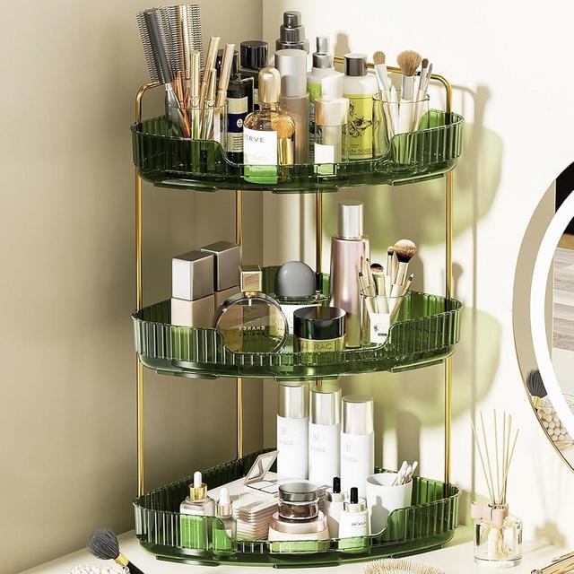 Acrylic Bathroom Tray, 3 Tier Corner Bathroom Organizer Countertop, Makeup Organizer for Vanity Dresser Kitchen, Corner Storage for Skincares Perfume Toiletries- Green