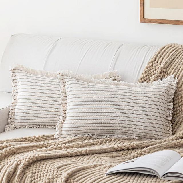 YEENAASY Striped Farmhouse Throw Pillow Covers 12X20 Set of 2 Boho Pillow Cover with Fringe Tassel Chic Cotton Decorative Pillows Modern Neutral Lumbar Cushion Pillowcase for Sofa Couch Bed, Khaki