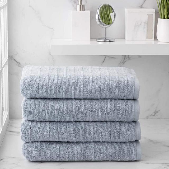 Welhome James 100% Cotton 4 Piece Bath Towels | Dusty Blue | Stripe Textured | Supersoft & Durable | Highly Absorbent & Quick Dry | Ideal for Everyday Use | 450 GSM | Machine Washable