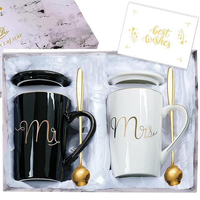 Mr and Mrs Coffee Mugs Set, Best Wedding Gifts for Couple Bride and Groom Newlyweds, Bridal Shower Gifts, Engagement Gifts for His and Hers, Husband and Wife Anniversary Present, 14 Oz Black & White