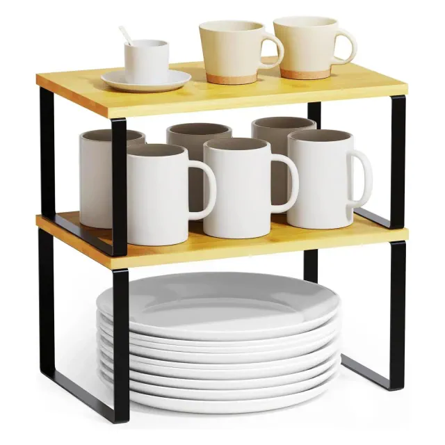 2-Pack Kitchen Cabinet Shelf Racks, Expandable Spice Rack for Pantry & Cupboard Storage, Black & Natural -SpaceAid