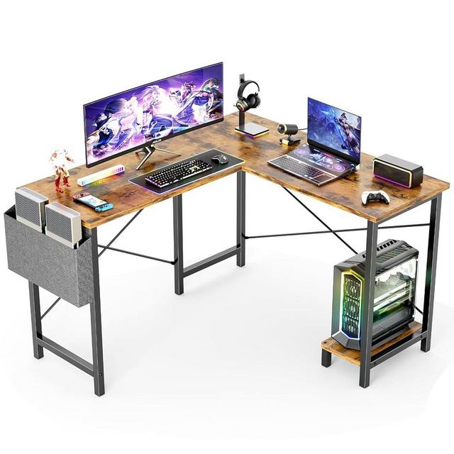 Sweetcrispy L Shaped Computer Desk - Gaming Table Corner Desk 50 Inch PC Writing Desk Study Desks with Wooden Desktop CPU Stand Side Bag Reversible for Home Office Dorm Small Space, Rustic