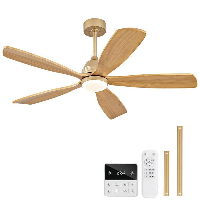 DELIHUA 52 Inch Ceiling Fans with Lights and Remote, 5 Blades Wood Ceiling Fan with Light, Dimmable, Wall Switch, Reversible DC Motor, Modern Indoor Outdoor Ceiling Fans for Patios Bedroom (Gold)