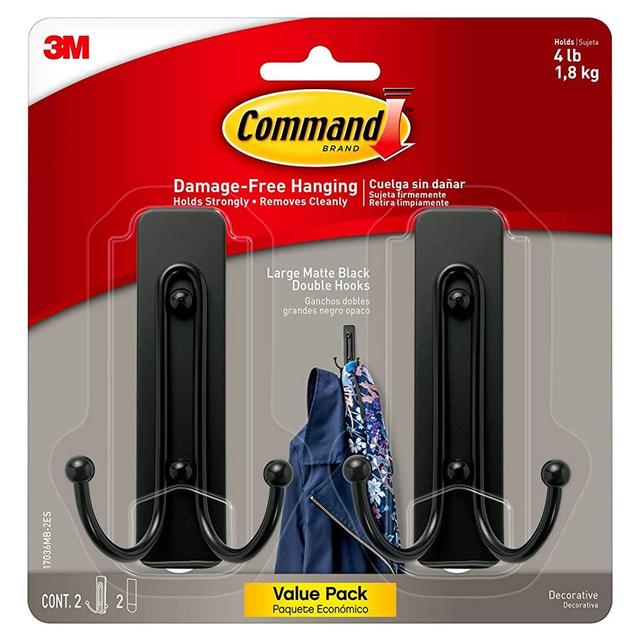 Command 17036MB-2ES Large Wall Hooks, 2 Pack, Matte Black