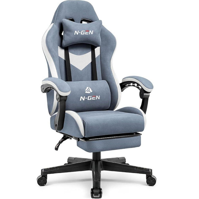 N-GEN GAMING Video Gaming Chair with Footrest Lumbar Support for Home Office High Back Recliner Height Adjustable Ergonomic Comfy Fabric Computer Desk Chair (Blue)