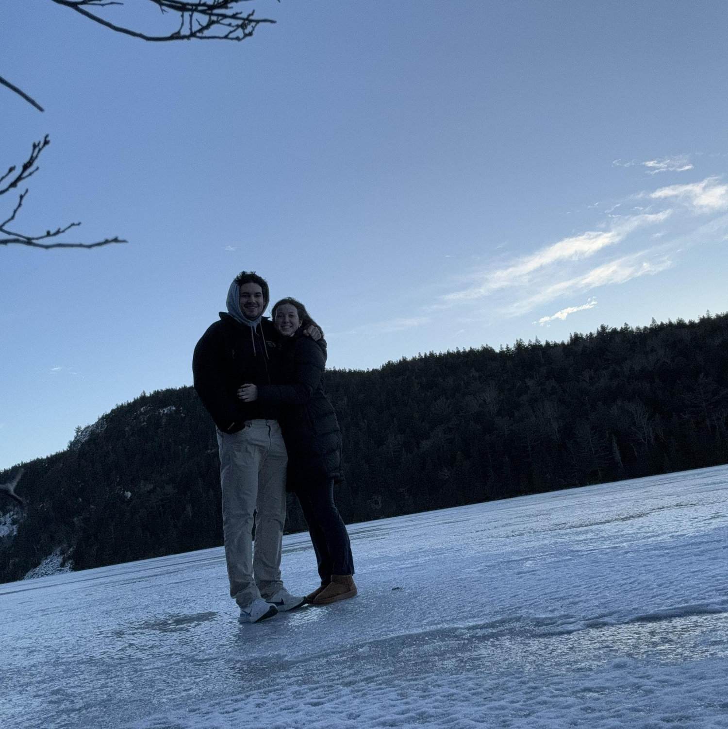 Frozen Echo Lake! Our favorite lake freezes over in the winter and we always try to walk on it in the winter! February 2024.