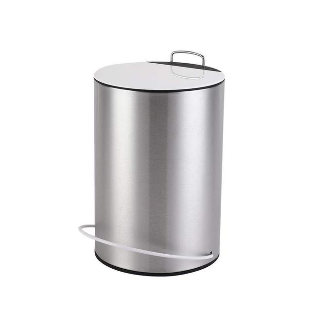 Bathroom Trash Can with Lid, Stainless Steel Small Wastebasket for Home, Modern Stylish Round Garbage Bin Removable Liner Bucket, Foot Pedal Step, Soft Close, Living Room, Bedroom, Office, White, 5L