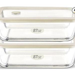 Urban Green Glass Food Container Set with Glass Lid, Large Meal Prep Container Set, Airtight Food Storage Containers with Air Vent Lid, 2 Pack, Large, 87oz, LeakProof, 100% Plastic Free, White color,