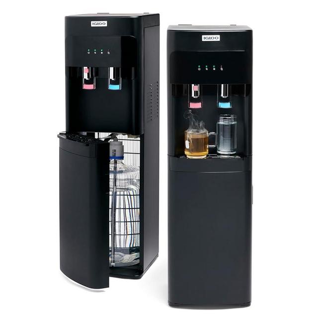Igloo Hot and Cold Water Cooler Dispenser - Holds 3 and 5 Gallon Bottles - 2 Temperature Spouts with Dispensing Paddles - Easy No-Lift Bottom Loading Bottle Design - Child Safety Lock - Black