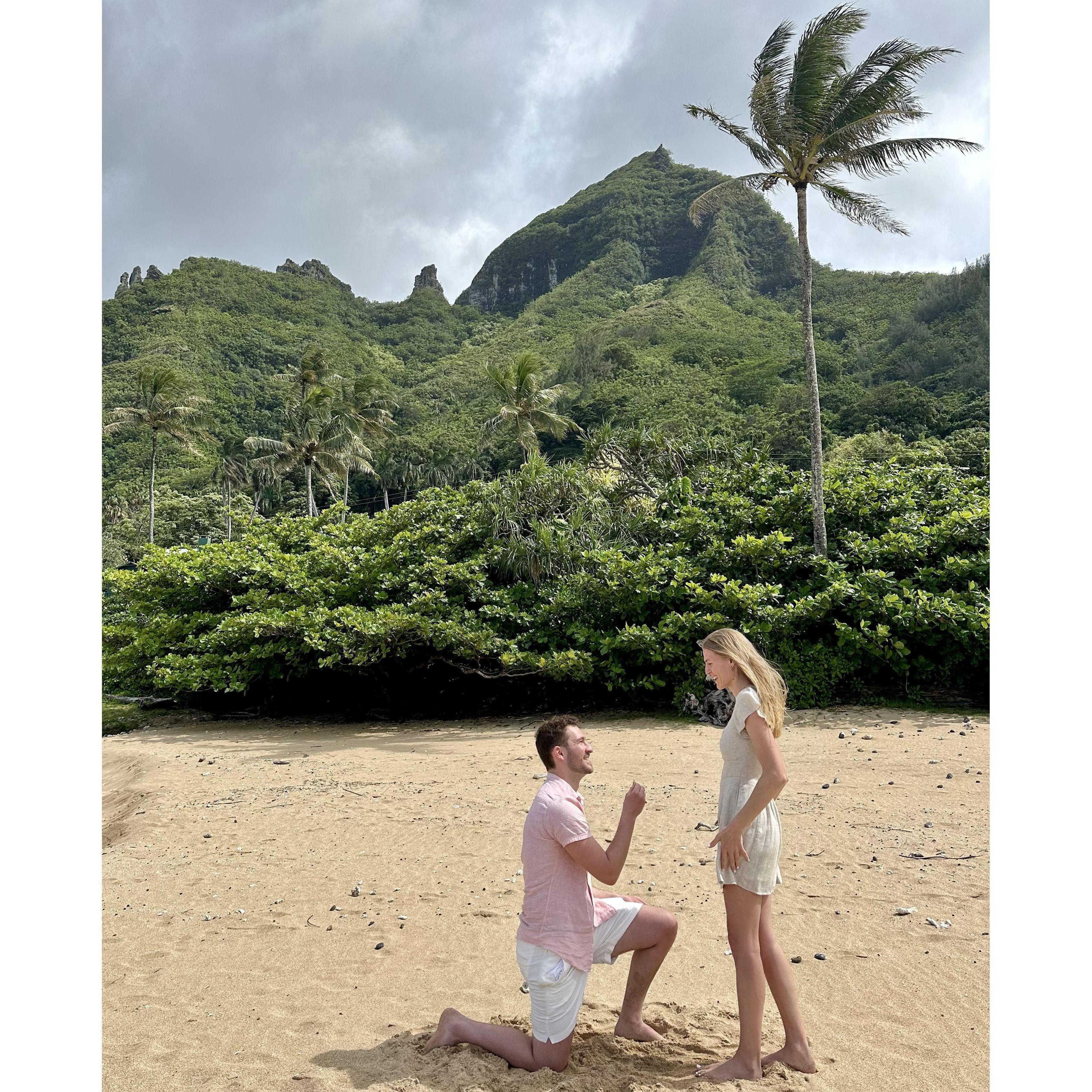 Jordan proposed on the beautiful Tunnels beach in Kauai, Hawaii on May 5th, 2024. And they spent the rest of the vacation celebrating - what a dream!