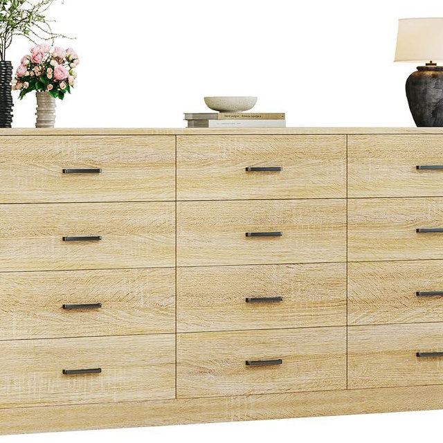 HUAHUU 60 Inch 12 Drawer Dresser for Bedroom, Long Mid Century Modern Dressers, Wood Vintage Chests of Drawers TV Stand up to 65", Large Storage Organizer for Bedroom, Closet, Entryway, Natural