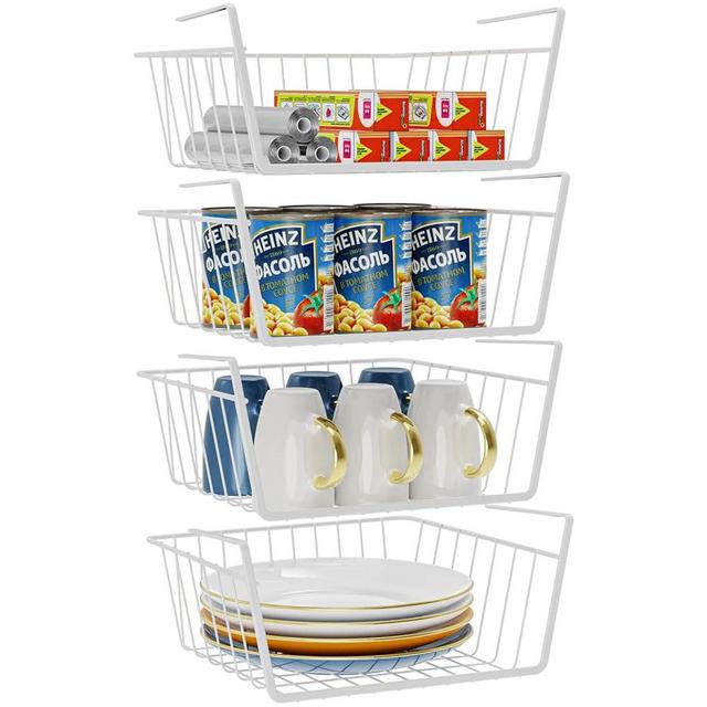 iSPECLE Under Shelf Basket, Small 4 Pack Under Shelf Storage Hanging Shelf Basket for Pantry Cupboard Laundry Room Add Extra Space, Easy to Install, White
