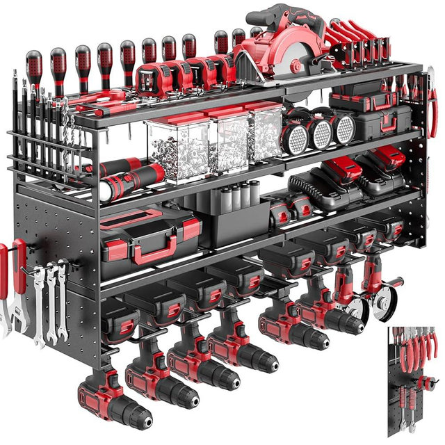 ODSNANIE Power Tool Organizer Wall Mount, 4 Tier Tool Storage Rack with 8 Cordless Drill Holders, Heavy Duty Power Tool Shelf for Garage Organization Workshop