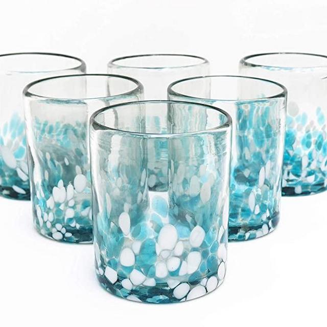 Mexican Blown Glass Drinking Glasses Confetti Colorful Glassware Unique Recycled Glass Multi Color Acqua and White Hand Blown. 10 Oz