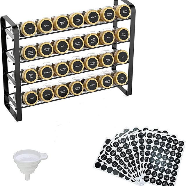 Redrubbit 4 Tier Spice Rack Organizer with bamboo cover 28 Empty Spice Jars, Seasoning Organizer Rack with 400 Spice Labels and Funnel Complete Set for Cabinet, Countertop