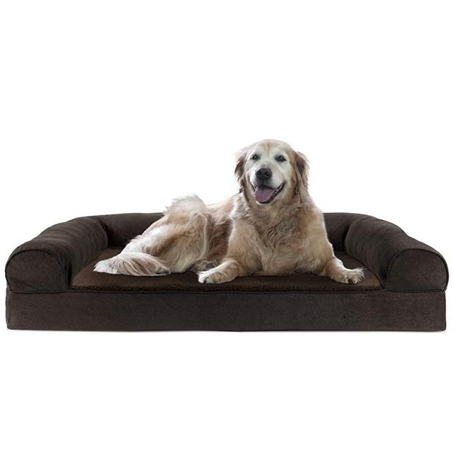 Furhaven Cooling Gel Foam Pet Bed for Dogs and Cats - Sofa-Style Sherpa and Chenille Couch Dog Bed with Removable Washable Cover, Coffee, Jumbo (X-Large)