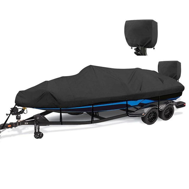 YimSting Boat Cover 14-16 ft feet 1200D Waterproof Boat Covers with Motor Cover Fits Bass Boat, V-Hull Tri-Hull Boat, Runabout Bowrider Boat, 14' 15' 16' Foot,Heavy Duty Canvas Black