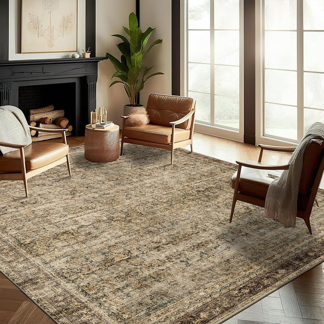 CHAMPLANT 5x7 Washable Area Rug Vintage Brown Traditional Floor Cover Foldable Thin Rug Kitchen Accent Rug Indoor Distressed Non Slip Carpet Floral Print Mat Bedroom Living Room Bathroom