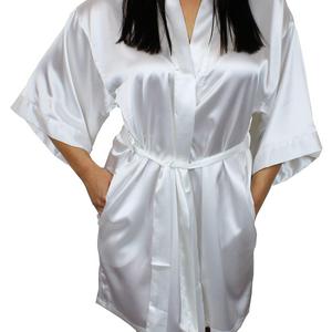 Ms Lovely Women's Satin Kimono Bridesmaid Short Silky Robe with Pockets - White XS/S