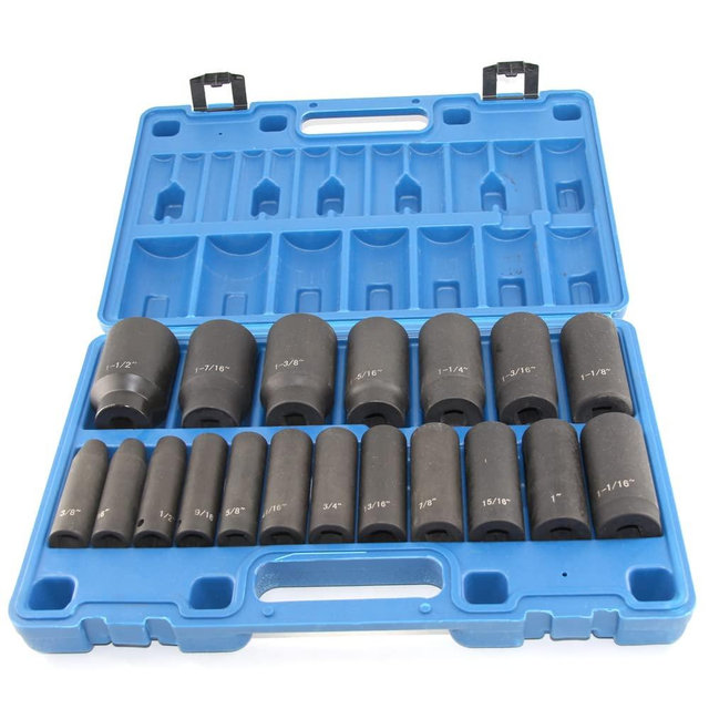 MacWork 19 Piece 1/2-Inch Drive Impact Socket Set, Deep, SAE, 3/8" to 1-1/2", CR-V&Cr-Mo Alloy Steel, 6-point Hex Radius Corner Design