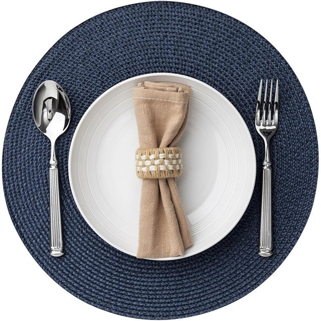 Baroyal Round Placemats Set of 6 Plastic Woven Placemats Washable Wipeable Table Mats for Dining Table Heat Resistant Non-Slip Circle Place Mats (Navy Blue)