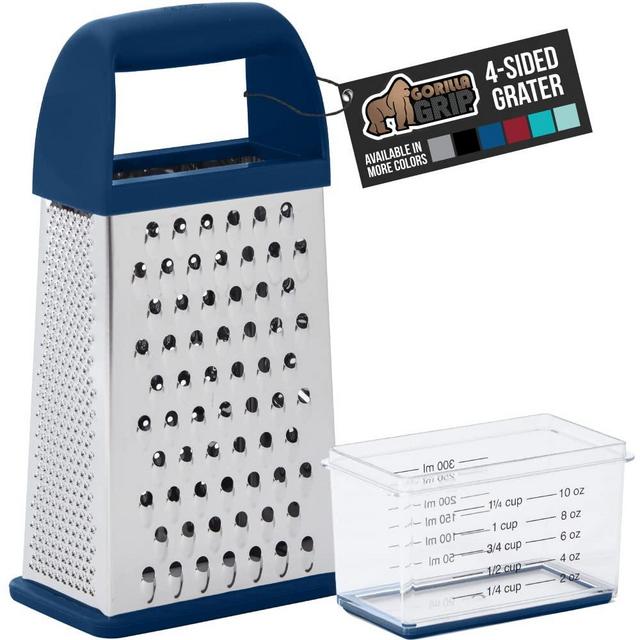 Gorilla Grip Box Grater, Stainless Steel, 4-Sided Graters with Comfortable Handle and Storage Container for Cheese, Vegetables, Ginger, Handheld Food Shredder, Kitchen Zester, 10 inch, Blue