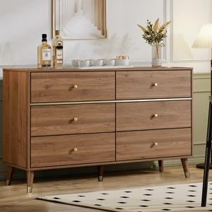 6 Drawer Dresser,47" Wide Mid Century Chest of Drawers,Wooden Bedroom Drawer Dresser with 6 Storage Drawers for Bedroom,Living Room,with Anti-Tipping Device,Walnut.HT