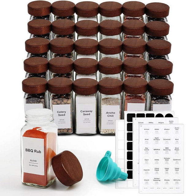 CKCY 30 Pcs Spice Jars, 4oz Seasoning Containers with Acacia Wood Shaker Lids, Glass Spice Bottles with Labels, Square Seasoning Organizer, Kitchen Spice Container