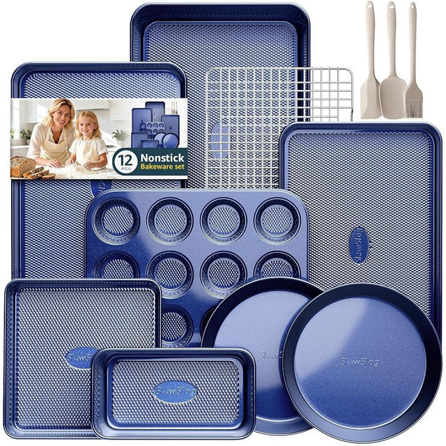 12-Piece Oven Safe Nonstick Bakeware Set with Baking Pan, Cake Pan, Muffin Pan, Loaf Pan, Square Pan, Roasting Pan, Cookie Pan, Cooling Rack & Utensils - Ceramic Coated Blue