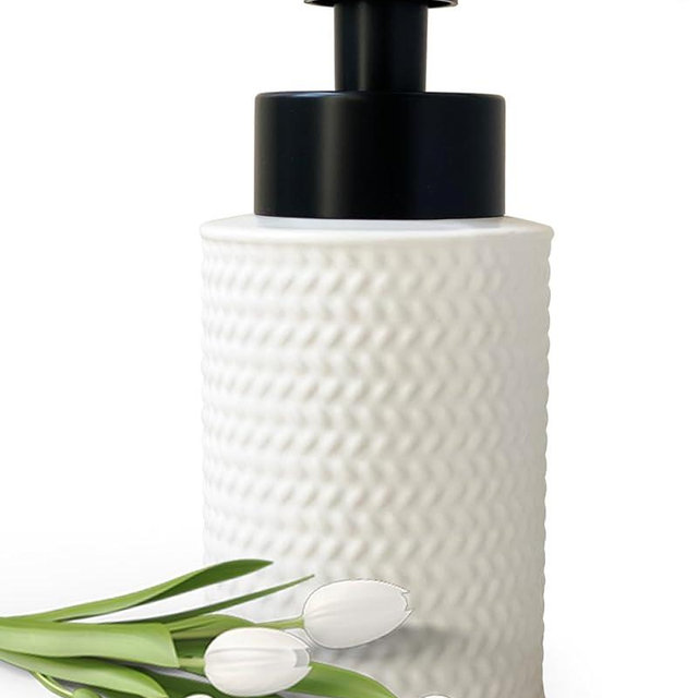 10 Oz Foaming Soap Dispenser for Bathroom,Kitchen Foam Soap Dispenser,Refillable Modern Foam Pump Bottle,Black Ceramic Foaming Hand Pump Dispenser (White Weave)