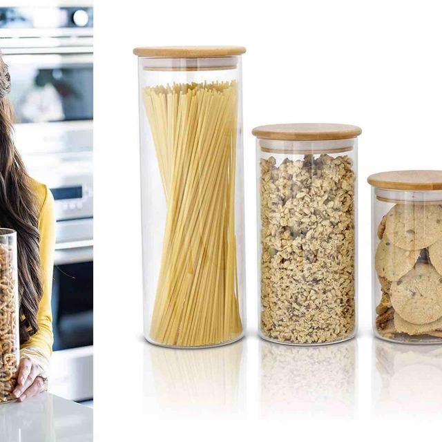 Glass Food Storage Containers with Bamboo Lids - Set of 4 Kitchen Canisters - Candy, Cookie, Rice and Spice Jars -...