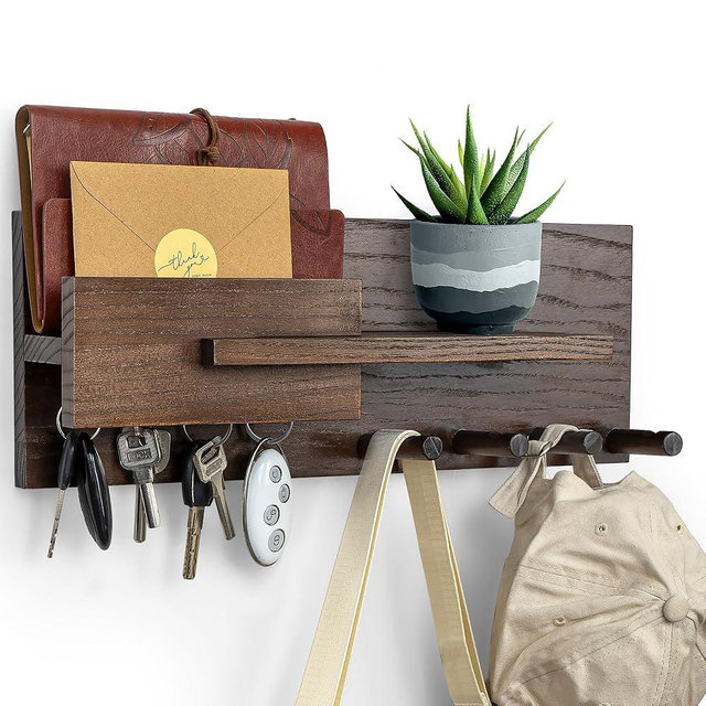 Solid Wood Mail and Key Holder for Wall Decorative Display - Includes Mail Holder, Shelf with Hooks for Keys & Pegs for Hanging Hats, Coats, Bags, Backpacks & More - Sleek Modern Design, Walnut Brown