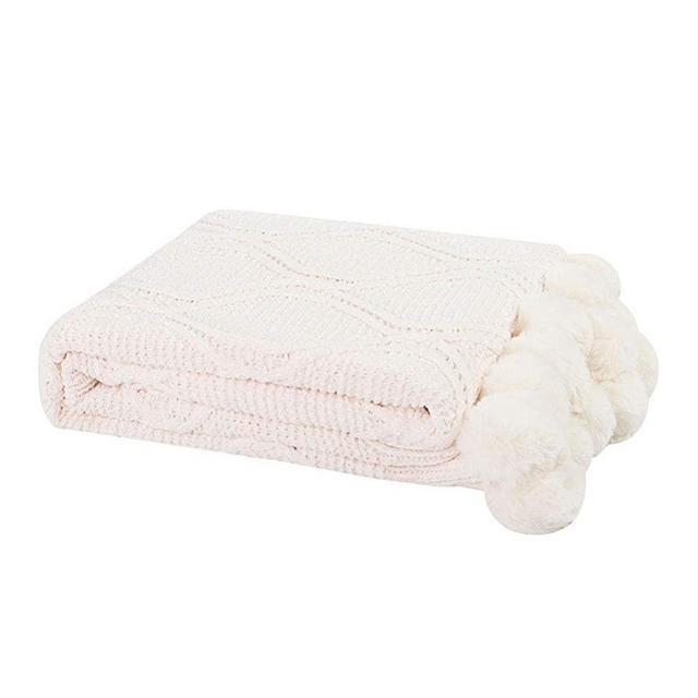 ANTJUMPER Blanket with Pom Pom, Ultra Soft Cable Knitted Throw Blanket with Fringe Chenille Throw Nap Blanket Travel Blanket Decorative Blanket for Sofa Couch Chair and Bedroom, 50 x 60 Inch, White