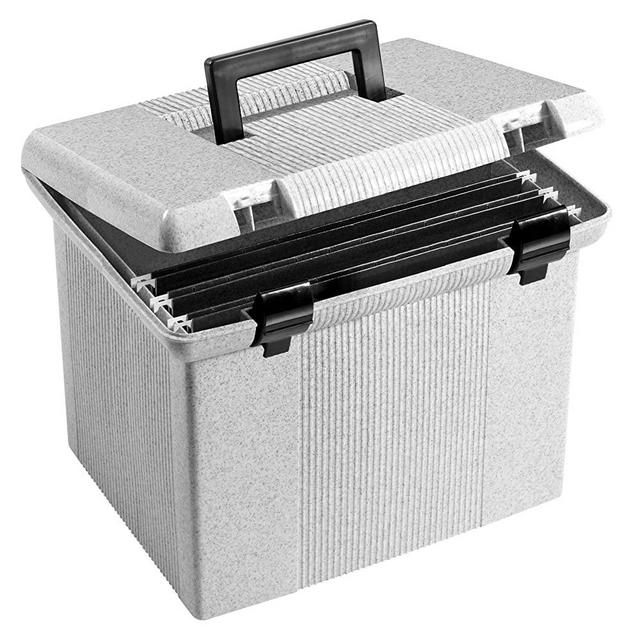 Pendaflex Portable File Box with File Rails, Hinged Lid with Double Latch Closure, Granite, 3 Black Letter Size Hanging Folders Included (41747AMZ)