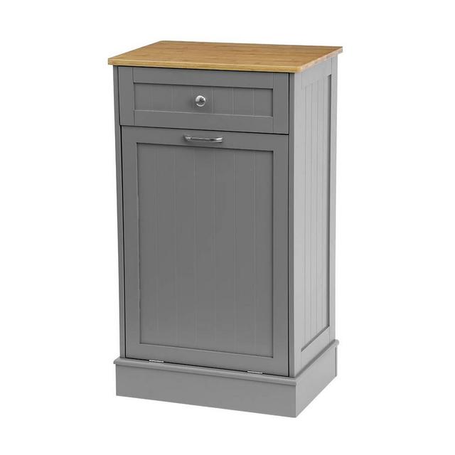 U-Eway Wooden Tilt Out Trash Cabinet Free Standing Kitchen Trash Can Holder or Recycling Cabinet with Hideaway Drawer Removable Bamboo Cutting Board,Pet Food Locker (Grey)