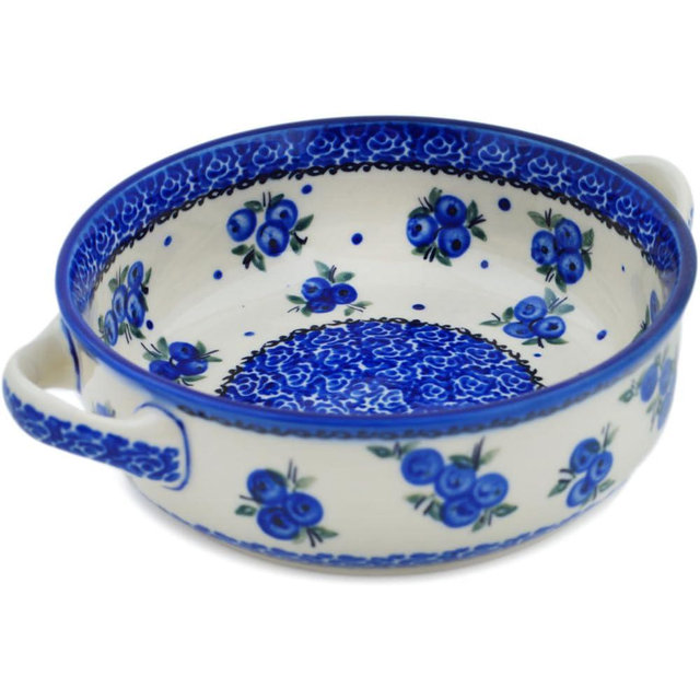 Polmedia Polish Pottery Round Baker with Handles - Lovely Blueberries Pattern Handmade in Boleslawiec Poland by Ceramika Bona + Certificate of Authenticity