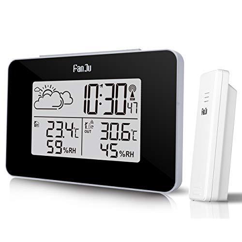 FanJu 3364 Multifunctional Wireless Weather Station with High-Tech RF Sensor, Large Digital Backlit Display, Indoor & Outdoor Thermometer and Digital Hygrometer, Alarm Clock, Weather Forecast